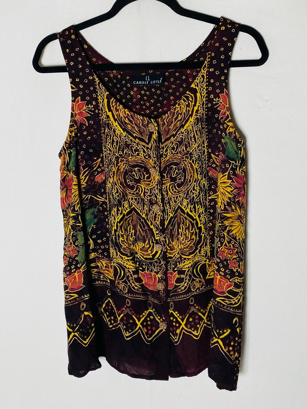 Vintage 90s Carole Little Gothic Paisley Floral Button Front Tank Top L